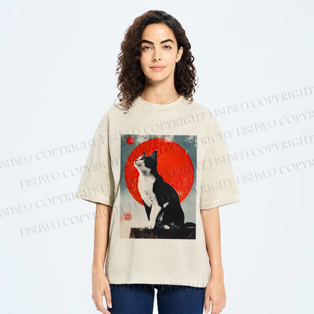 Unisex Japanese Vintage Black Cat Printed Washed Tee
