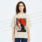 Unisex Japanese Vintage Black Cat Printed Washed Tee