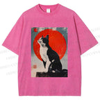 Unisex Japanese Vintage Black Cat Printed Washed Tee
