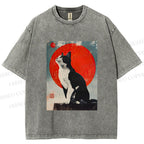 Unisex Japanese Vintage Black Cat Printed Washed Tee