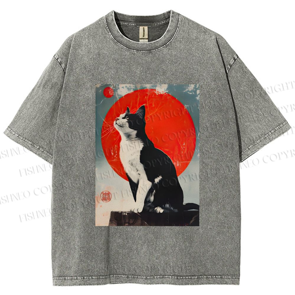Unisex Japanese Vintage Black Cat Printed Washed Tee