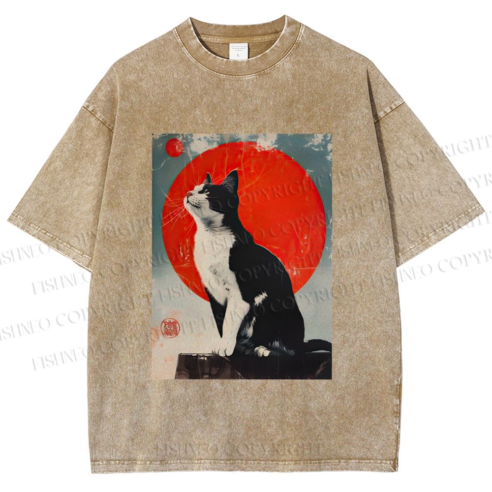 Unisex Japanese Vintage Black Cat Printed Washed Tee