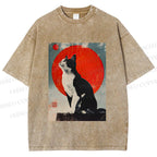 Unisex Japanese Vintage Black Cat Printed Washed Tee