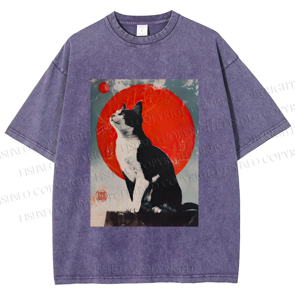 Unisex Japanese Vintage Black Cat Printed Washed Tee