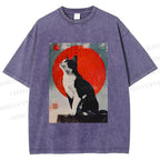 Unisex Japanese Vintage Black Cat Printed Washed Tee