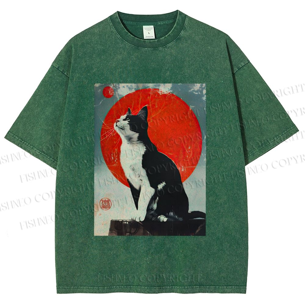 Unisex Japanese Vintage Black Cat Printed Washed Tee
