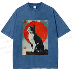 Unisex Japanese Vintage Black Cat Printed Washed Tee