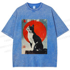 Unisex Japanese Vintage Black Cat Printed Washed Tee