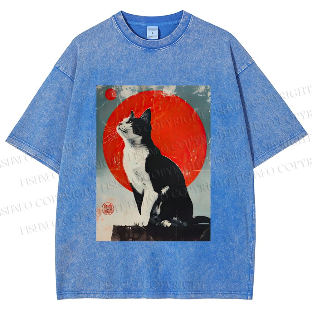 Unisex Japanese Vintage Black Cat Printed Washed Tee