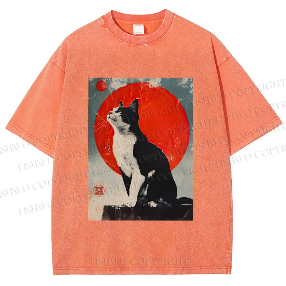 Unisex Japanese Vintage Black Cat Printed Washed Tee