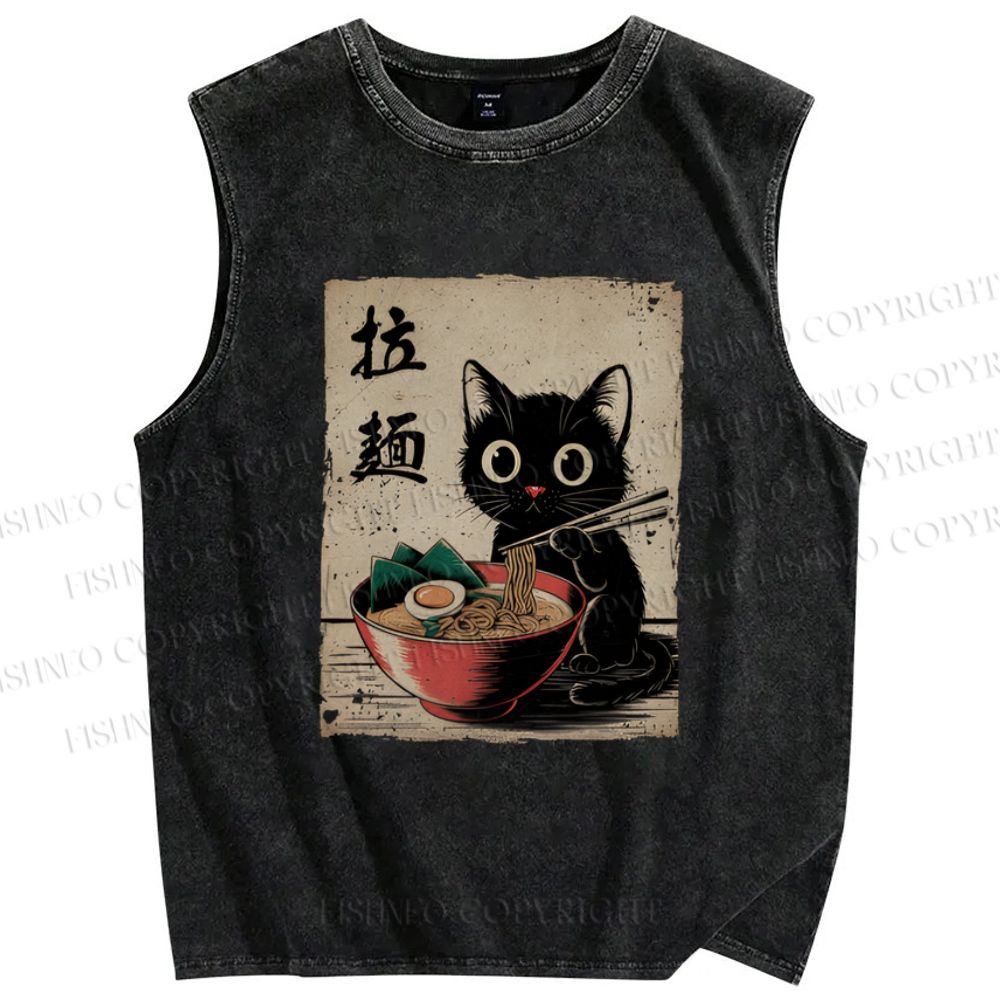 Unisex Adorable Black Cat Enjoying Ramen Printed Washed Tank Top