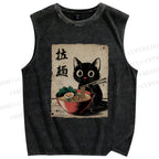 Unisex Adorable Black Cat Enjoying Ramen Printed Washed Tank Top