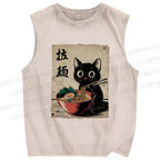 Unisex Adorable Black Cat Enjoying Ramen Printed Washed Tank Top