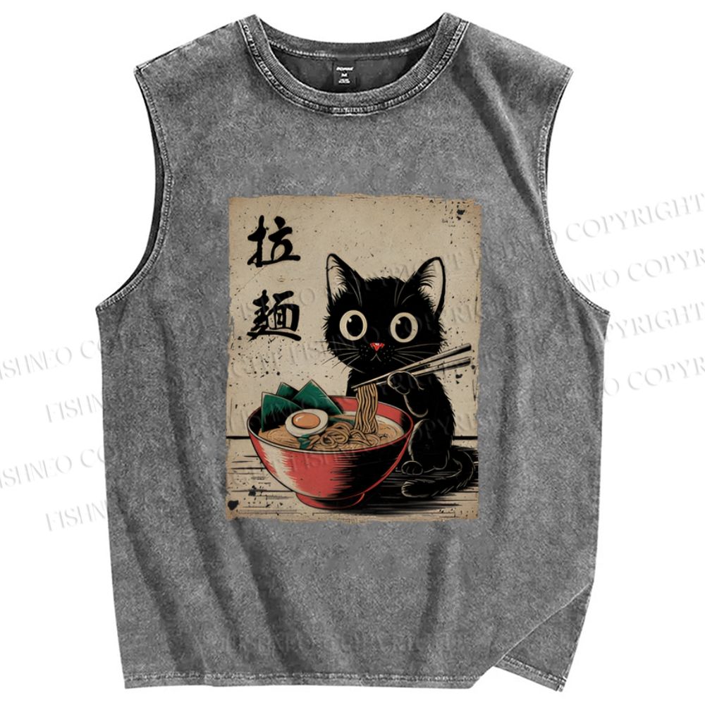 Unisex Adorable Black Cat Enjoying Ramen Printed Washed Tank Top