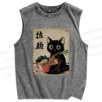 Unisex Adorable Black Cat Enjoying Ramen Printed Washed Tank Top