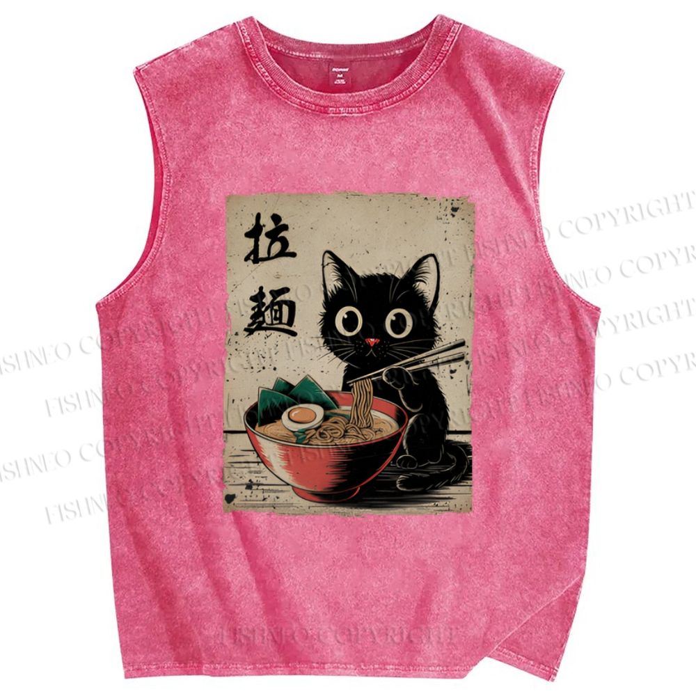 Unisex Adorable Black Cat Enjoying Ramen Printed Washed Tank Top