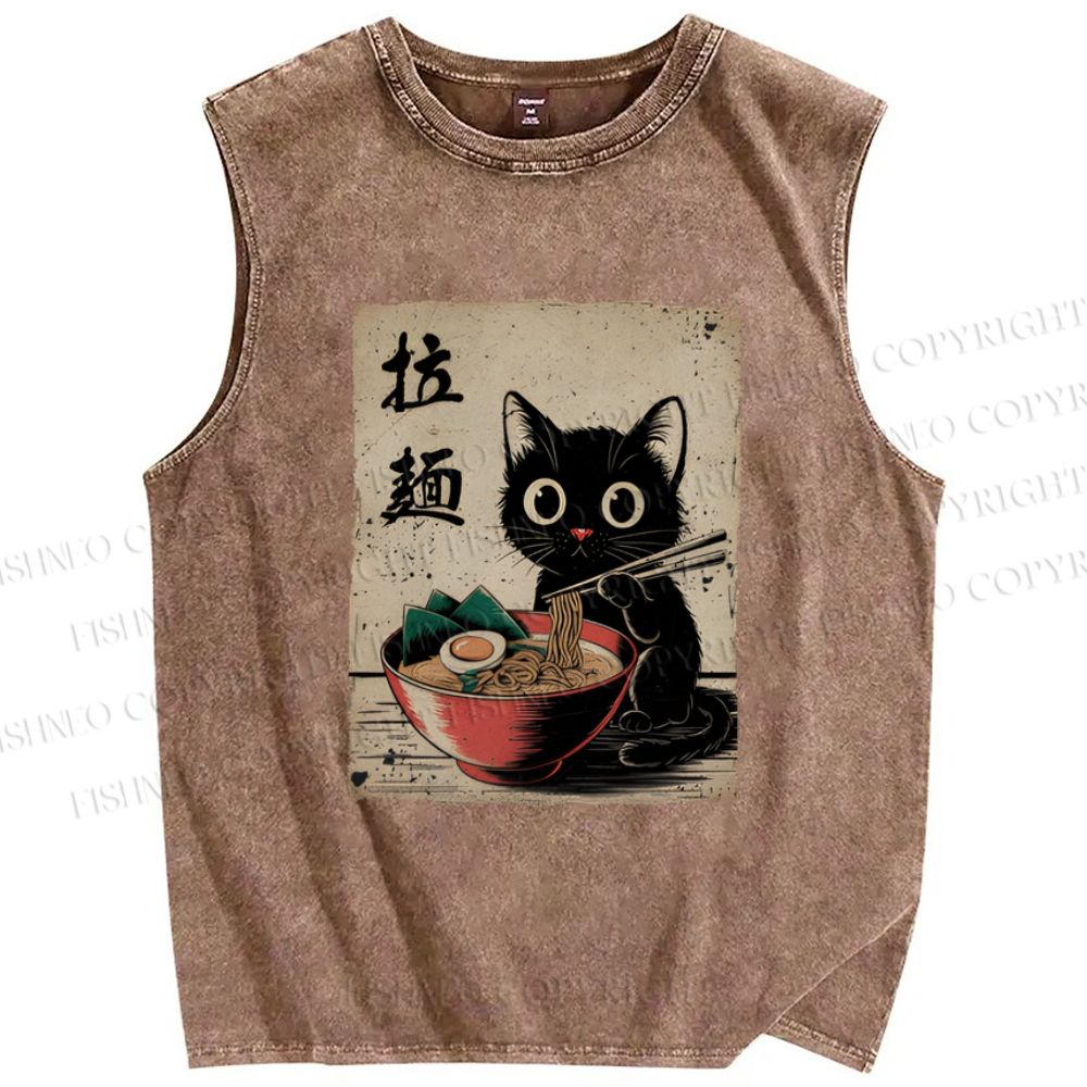 Unisex Adorable Black Cat Enjoying Ramen Printed Washed Tank Top