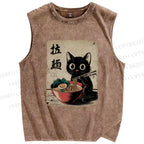 Unisex Adorable Black Cat Enjoying Ramen Printed Washed Tank Top
