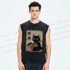 Unisex Adorable Black Cat Enjoying Ramen Printed Washed Tank Top