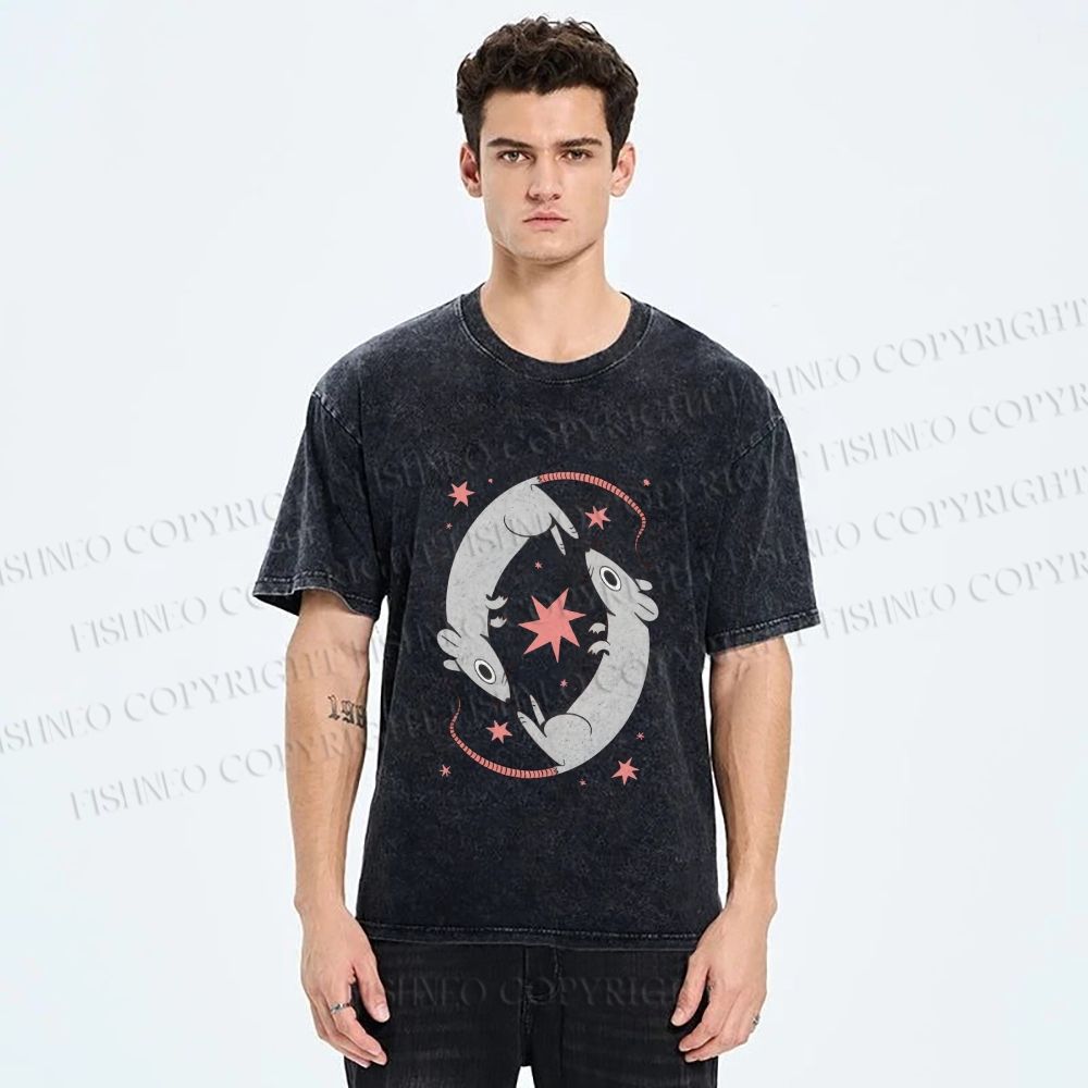 Unisex Rats With Star Printed Washed Tee