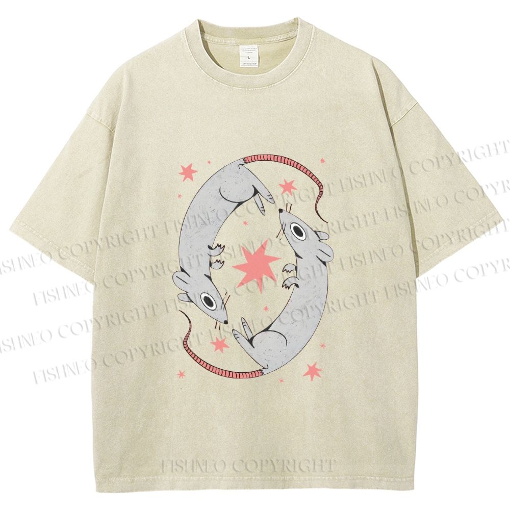 Unisex Rats With Star Printed Washed Tee