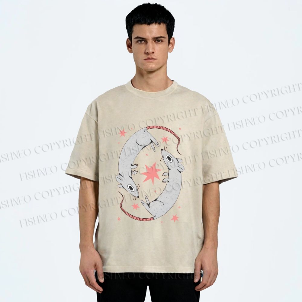 Unisex Rats With Star Printed Washed Tee