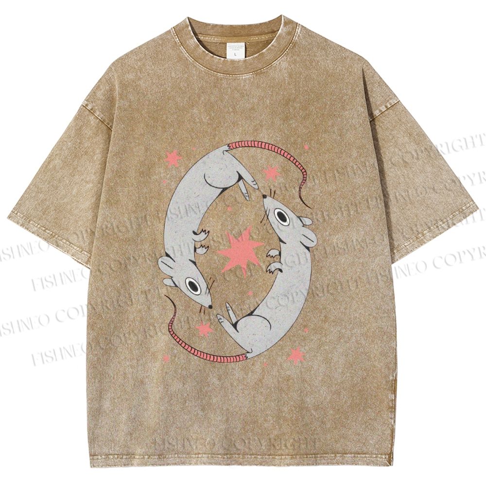 Unisex Rats With Star Printed Washed Tee