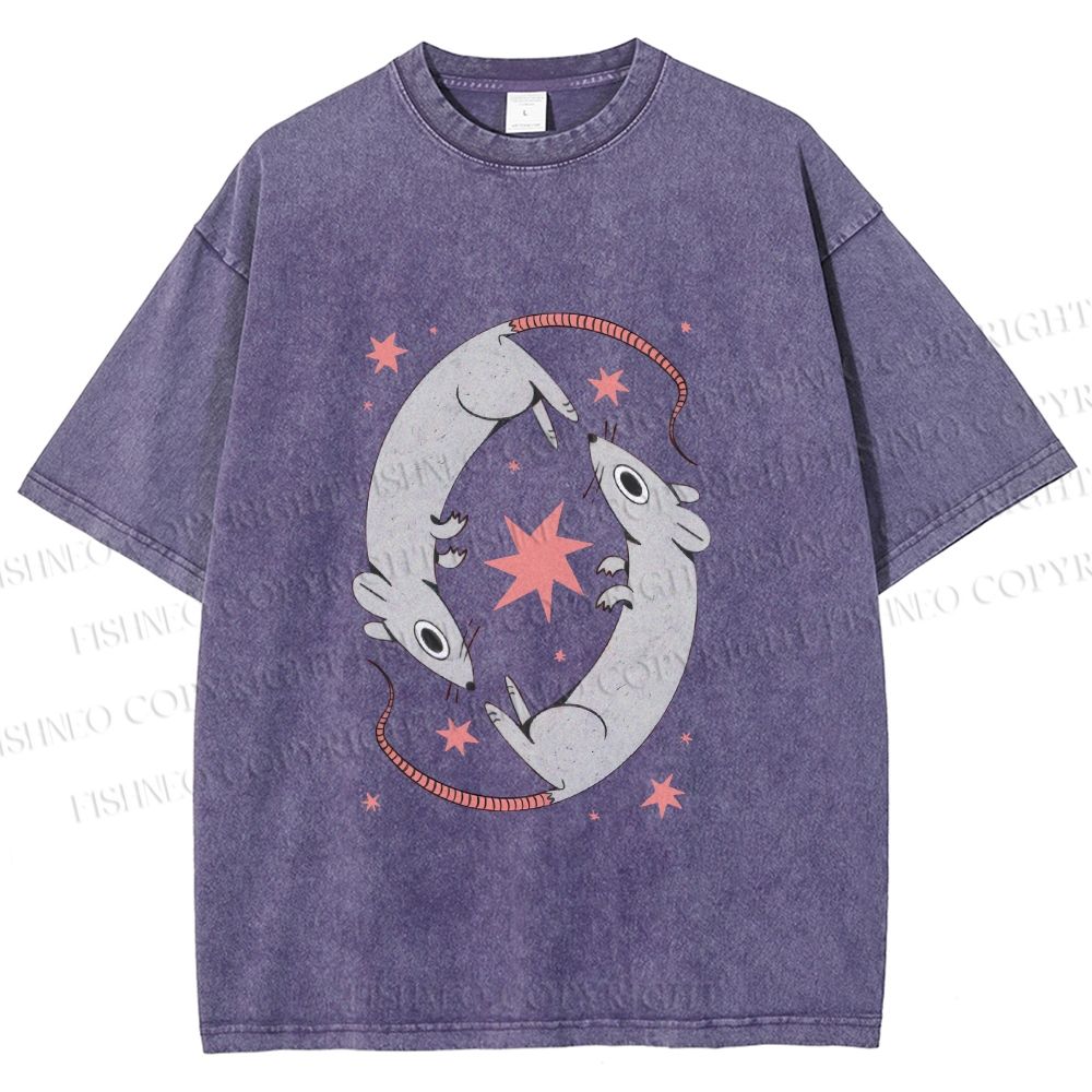 Unisex Rats With Star Printed Washed Tee