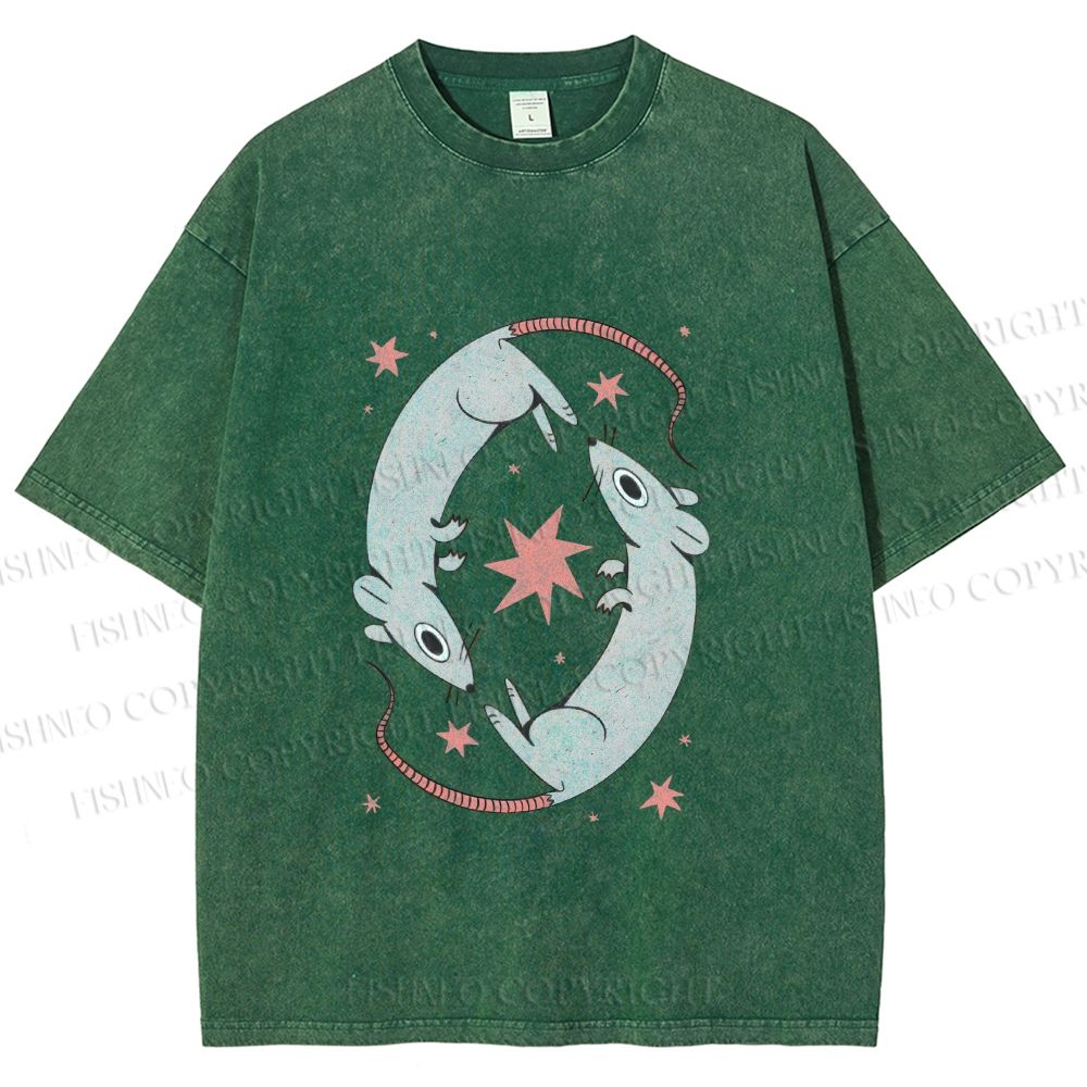 Unisex Rats With Star Printed Washed Tee