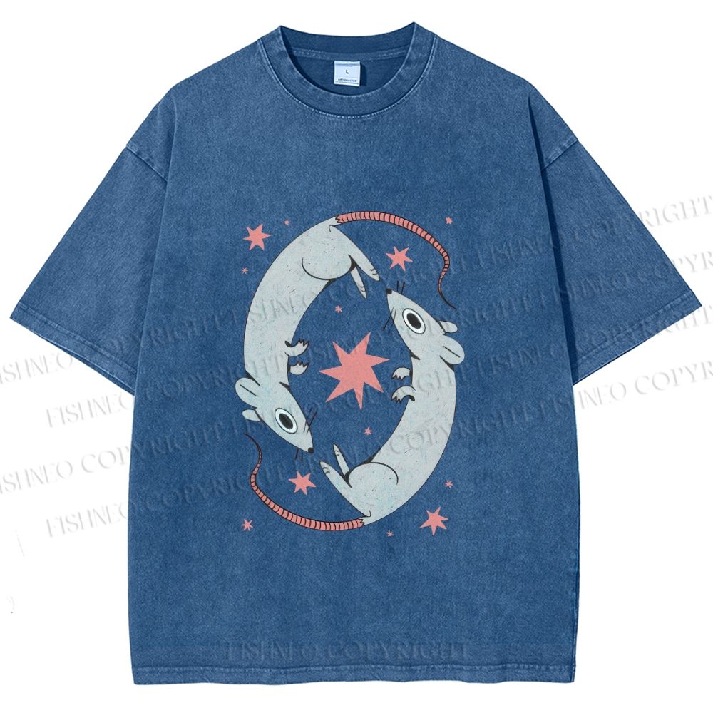 Unisex Rats With Star Printed Washed Tee