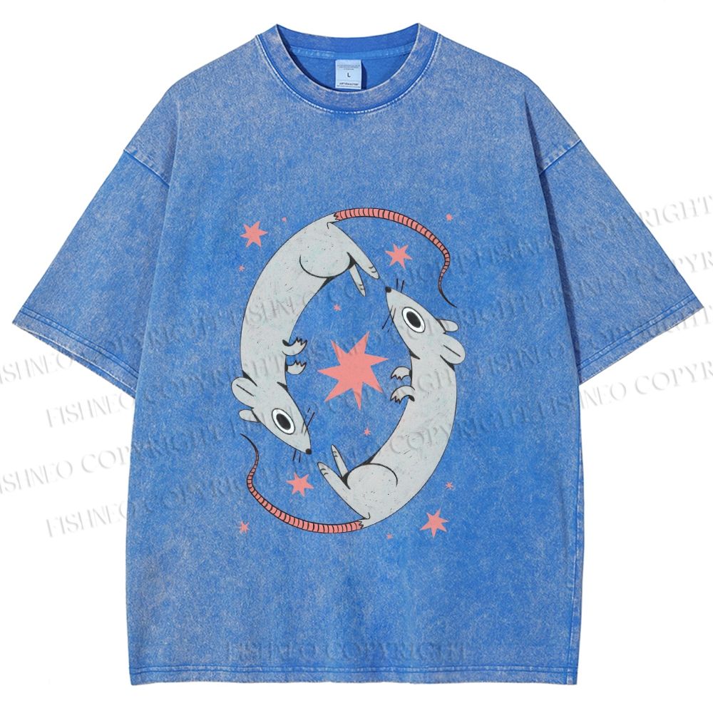 Unisex Rats With Star Printed Washed Tee