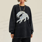 Unisex Casual Washed Star Cat Printed Long Sleeve T-shirt