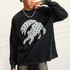 Unisex Casual Washed Star Cat Printed Long Sleeve T-shirt