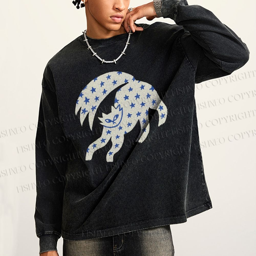 Unisex Casual Washed Star Cat Printed Long Sleeve T-shirt