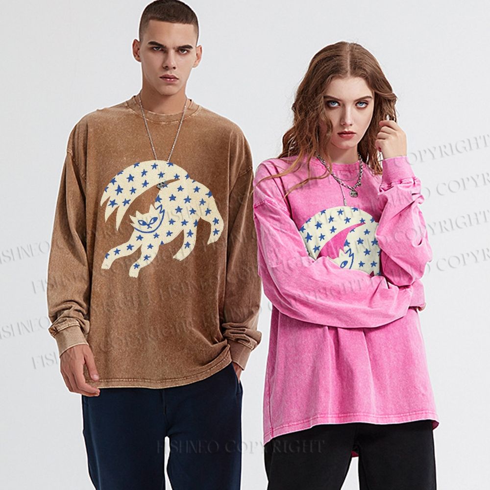Unisex Casual Washed Star Cat Printed Long Sleeve T-shirt