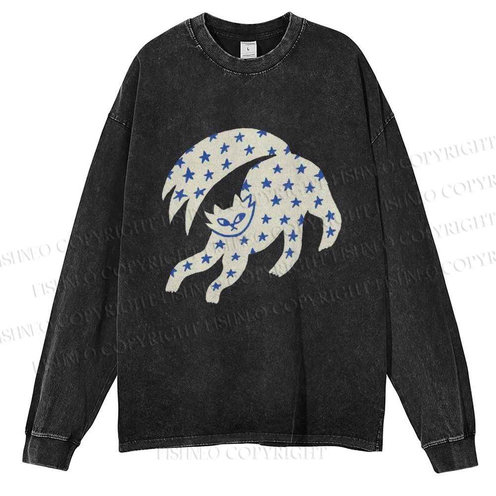 Unisex Casual Washed Star Cat Printed Long Sleeve T-shirt