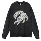 Unisex Casual Washed Star Cat Printed Long Sleeve T-shirt