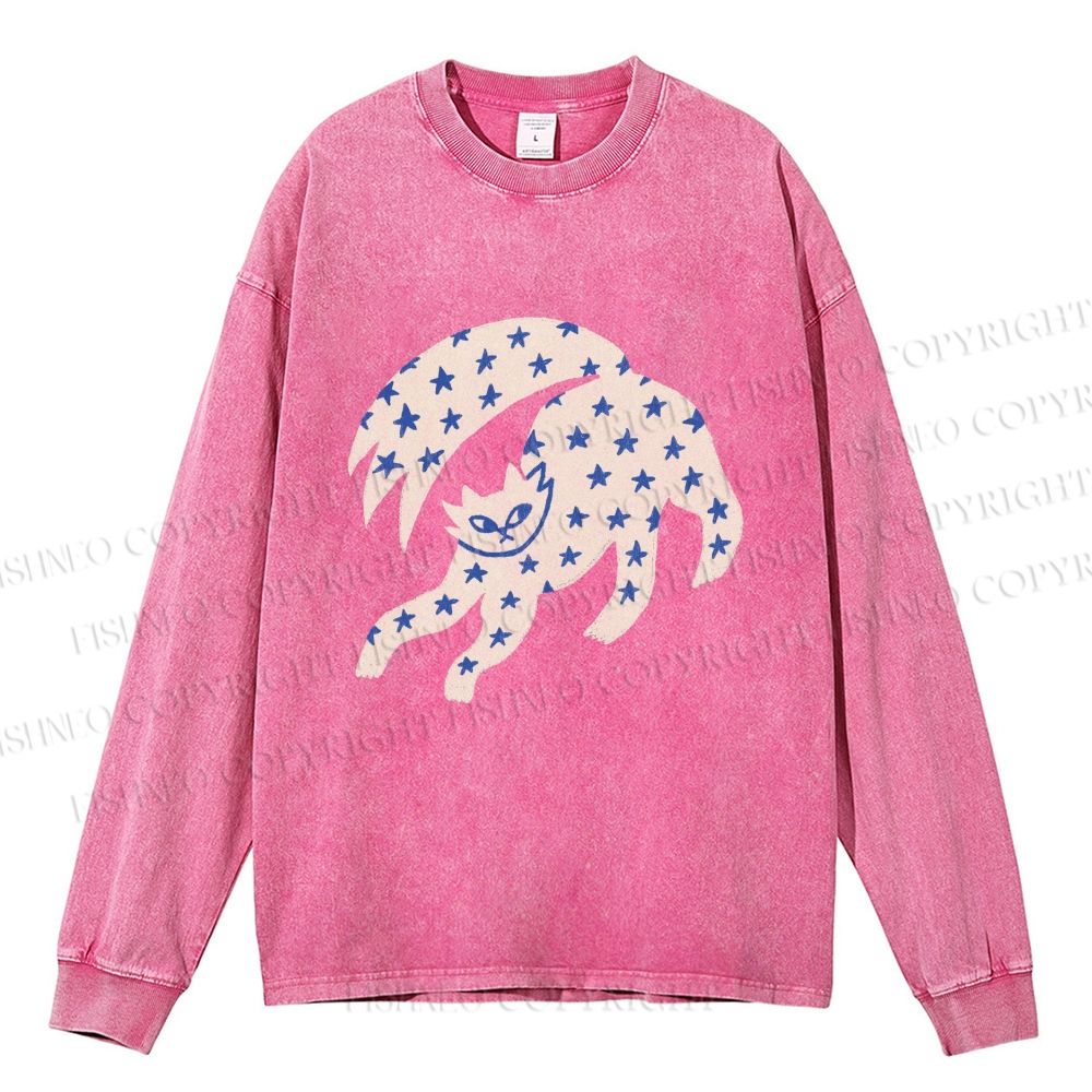 Unisex Casual Washed Star Cat Printed Long Sleeve T-shirt