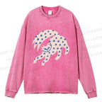 Unisex Casual Washed Star Cat Printed Long Sleeve T-shirt