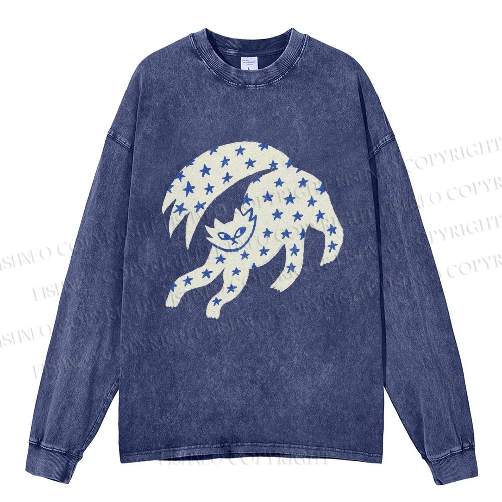Unisex Casual Washed Star Cat Printed Long Sleeve T-shirt