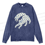 Unisex Casual Washed Star Cat Printed Long Sleeve T-shirt