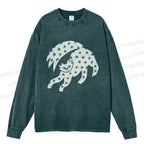 Unisex Casual Washed Star Cat Printed Long Sleeve T-shirt