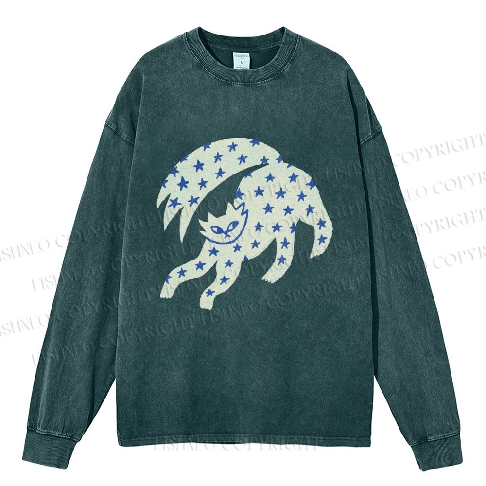 Unisex Casual Washed Star Cat Printed Long Sleeve T-shirt