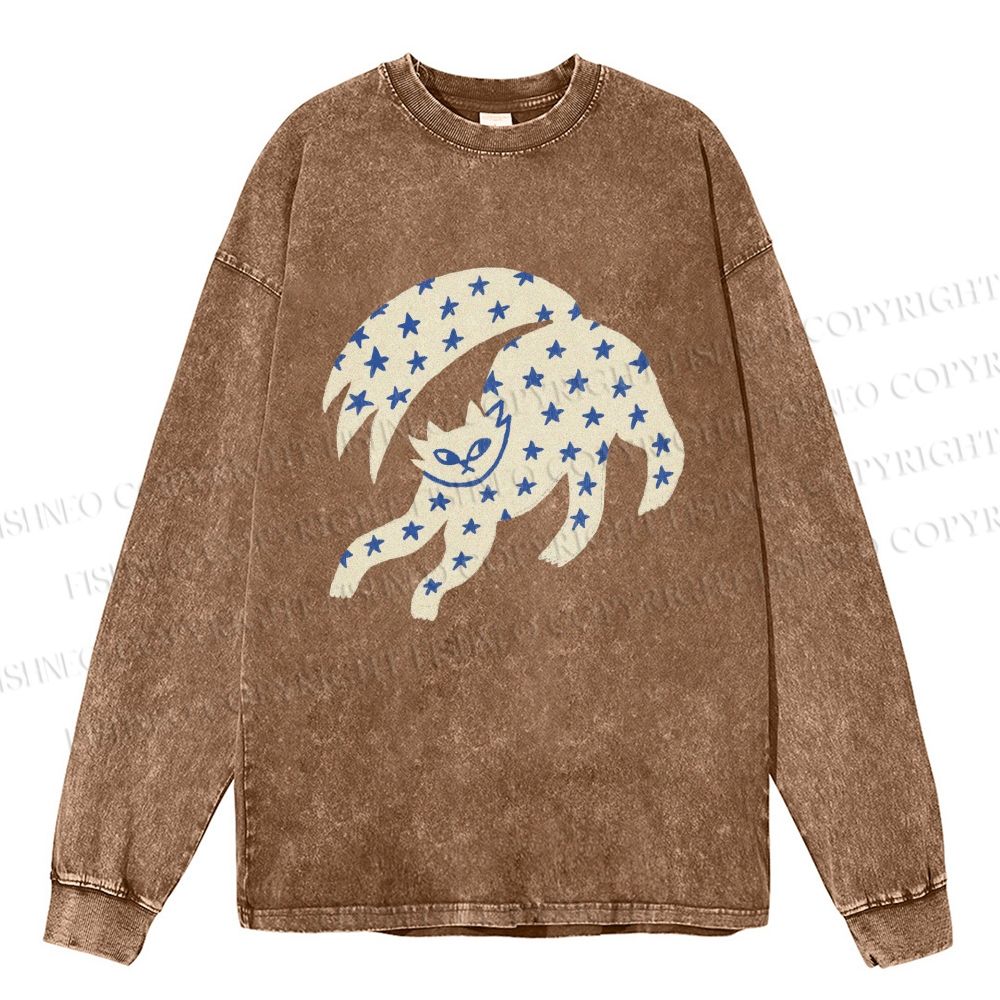 Unisex Casual Washed Star Cat Printed Long Sleeve T-shirt