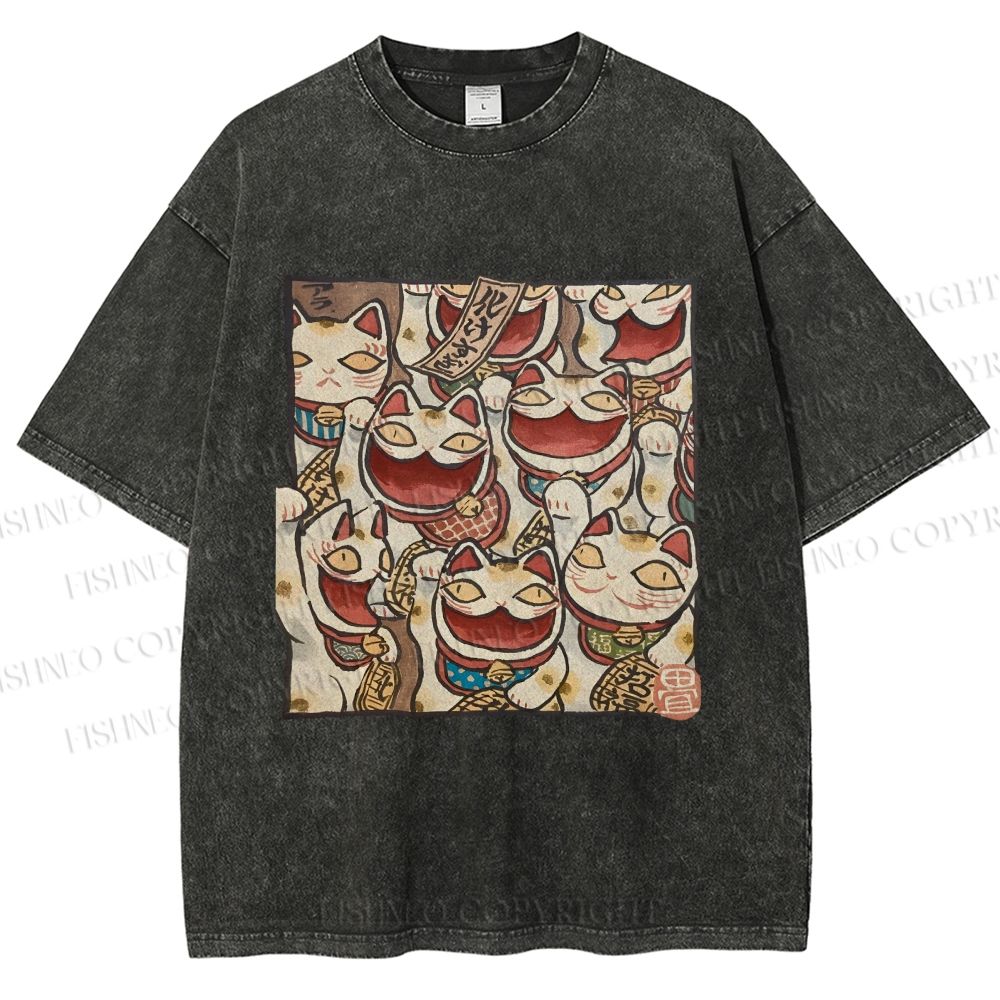 Unisex Japanese Fortune Cats Printed Washed Tee