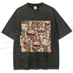 Unisex Japanese Fortune Cats Printed Washed Tee