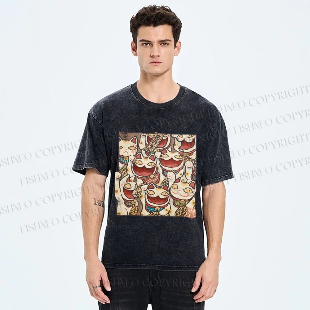 Unisex Japanese Fortune Cats Printed Washed Tee