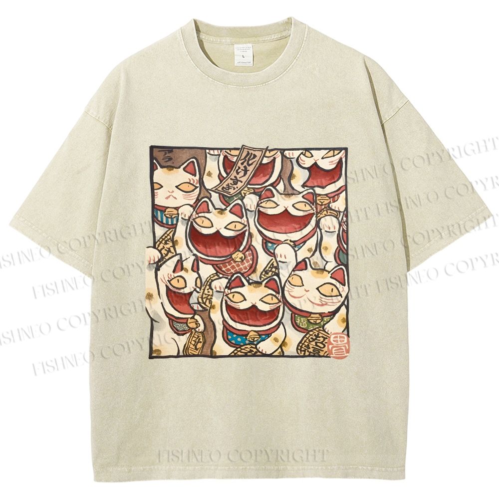 Unisex Japanese Fortune Cats Printed Washed Tee