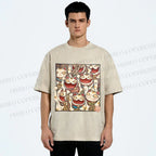 Unisex Japanese Fortune Cats Printed Washed Tee