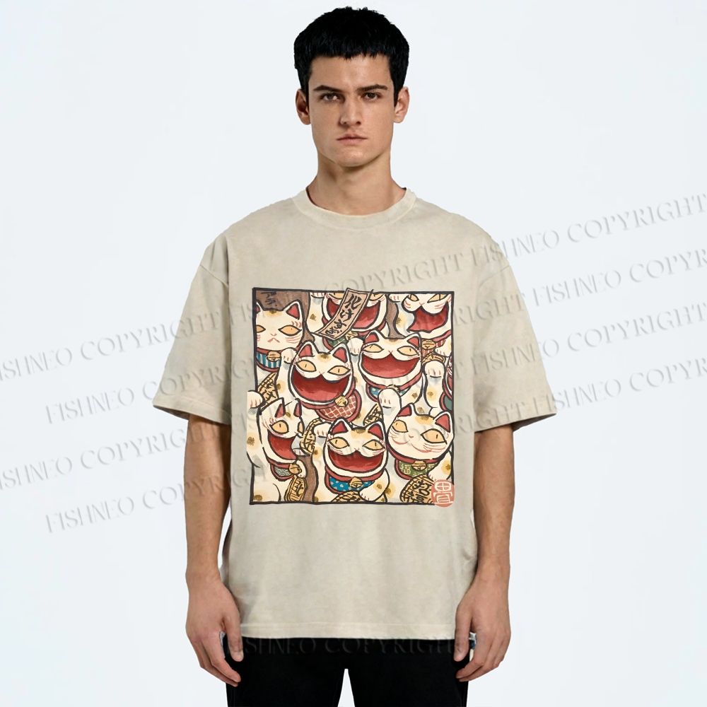Unisex Japanese Fortune Cats Printed Washed Tee